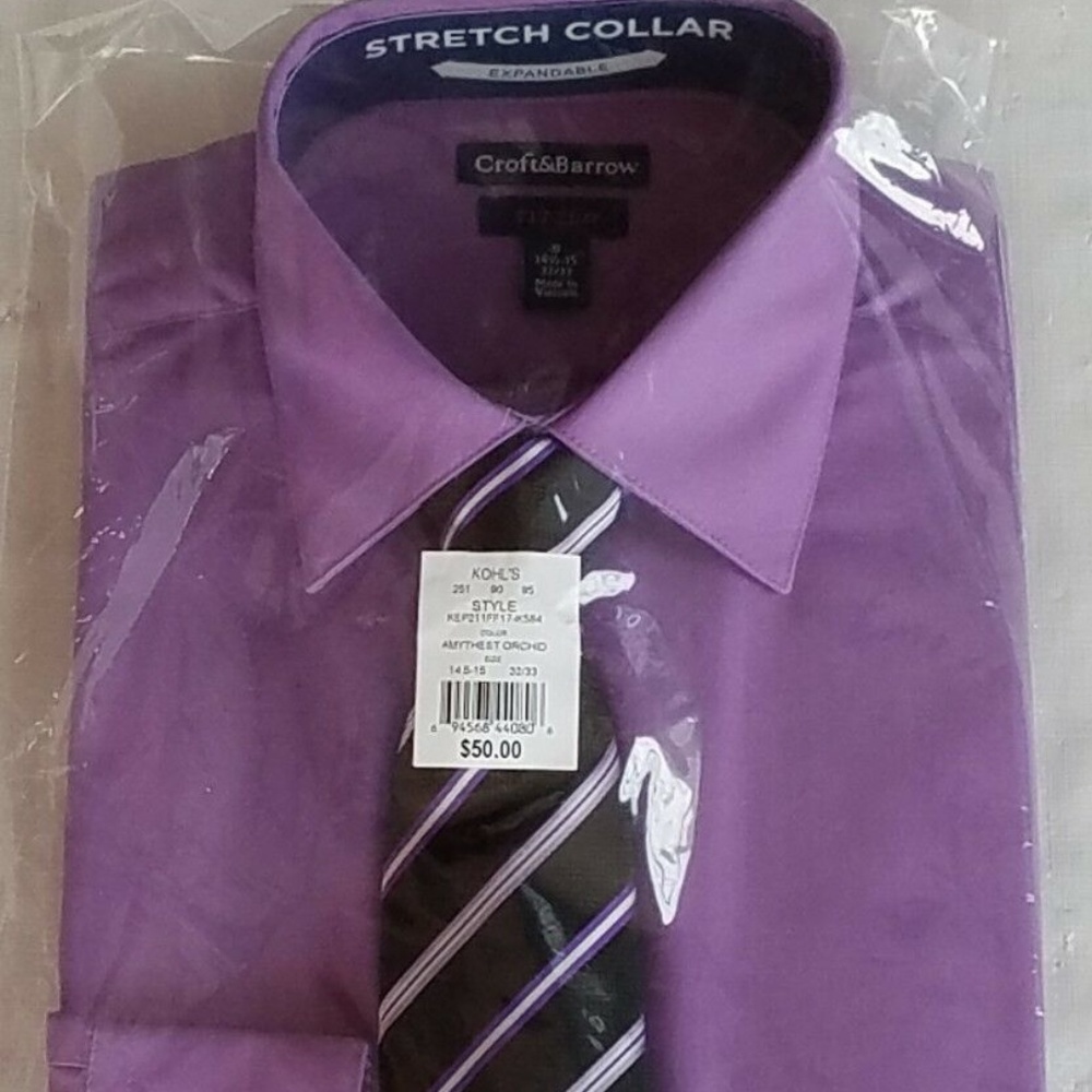 Croft & Barrow Dress Shirt Tie S 14.5-15 32/33 Men Purple Fitted Stretch Collar